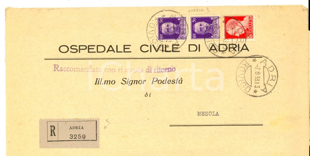 Cartolina originale da collezione 1933 STORIA POSTALE Ospedale ADRIA Busta imperiale 50 + 20 cent. raccomandata 1