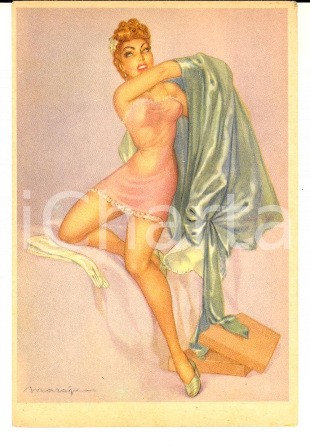 Cartolina originale da collezione 1950 ca PINUP indossa vestaglia di seta Cartolina ill. Libico MARAJA FG 1