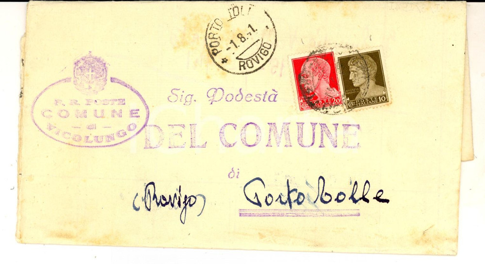 Oggetto da collezione cartaceo 1941 STORIA POSTALE Affrancatura mista Imperiale piego VICOLUNGO per PORTO TOLLE 1