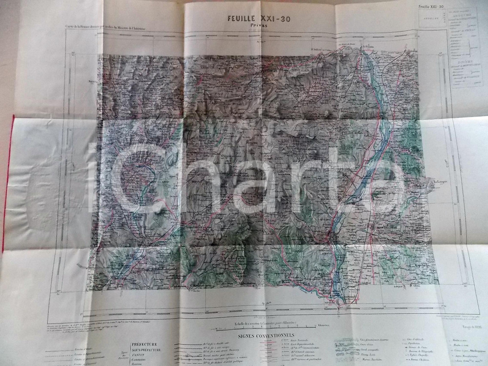 Mappa, planimetria storica 1891 PRIVAS FRANCE Carte  1:100.000 55x45 cm Librairie HACHETTE 1
