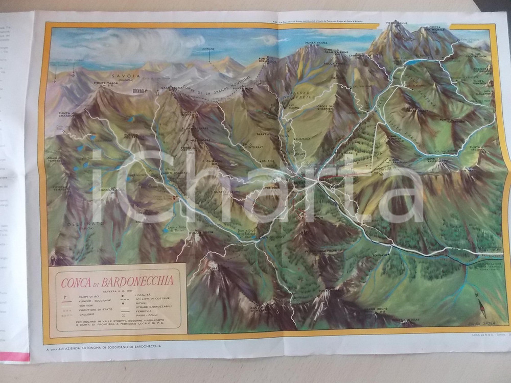 Mappa, planimetria storica 1940 ca CONCA DI BARDONECCHIA Diorama e itinerari TURISMO VINTAGE 1