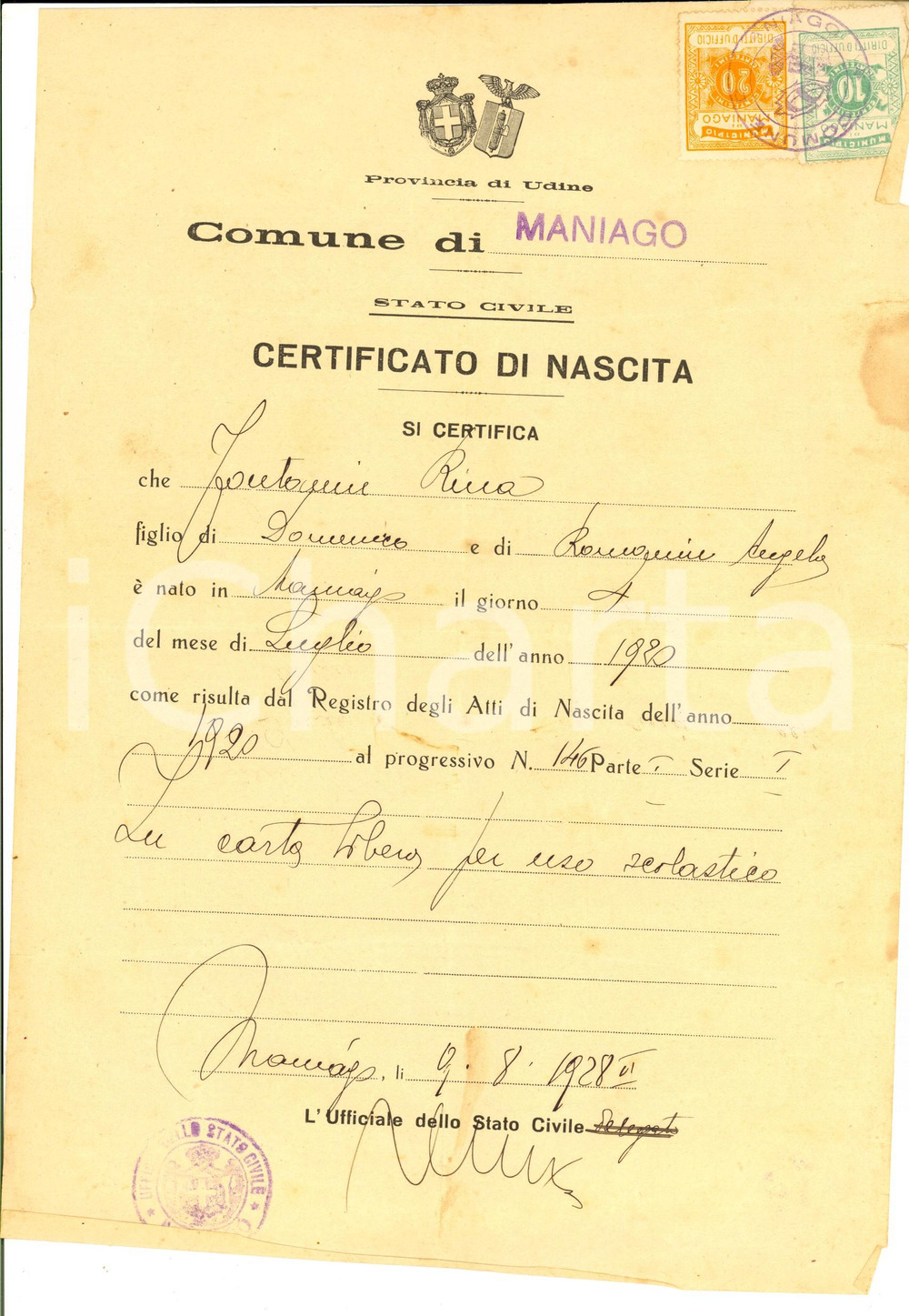 Documento originale, autentico 1928 MANIAGO PN Certificato di nascita di Rina FONTANIN Bolli 1