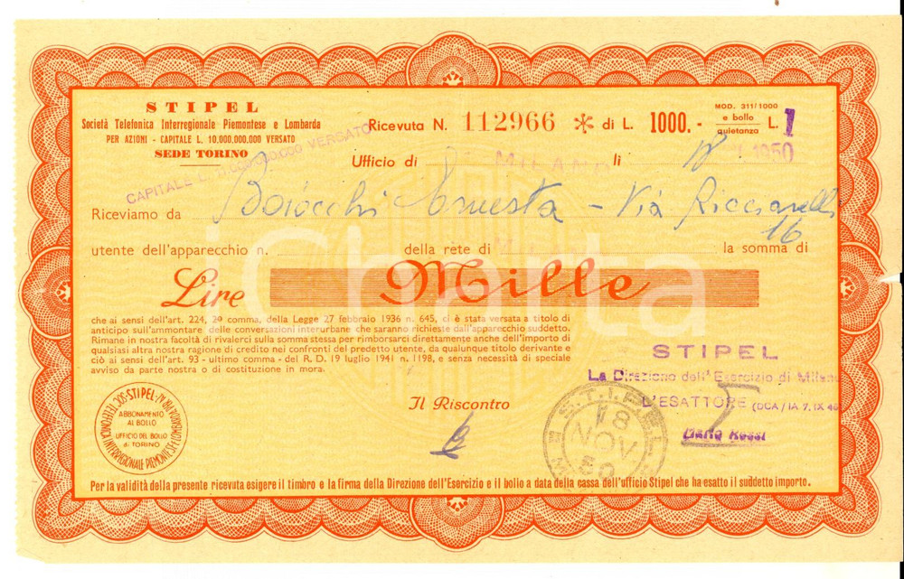 Documento originale, autentico 1950 MILANO Ricevuta STIPEL per utilizzo apparecchio telefonico  Lire Mille 1