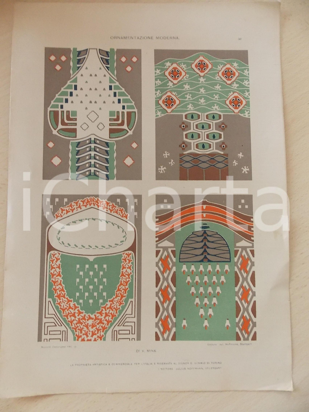 Stampa, bozzetto originale 1910 ca V. MINK Ornamentazione moderna Tavola 25x35 cm da MODELLI DECORATIVI 1