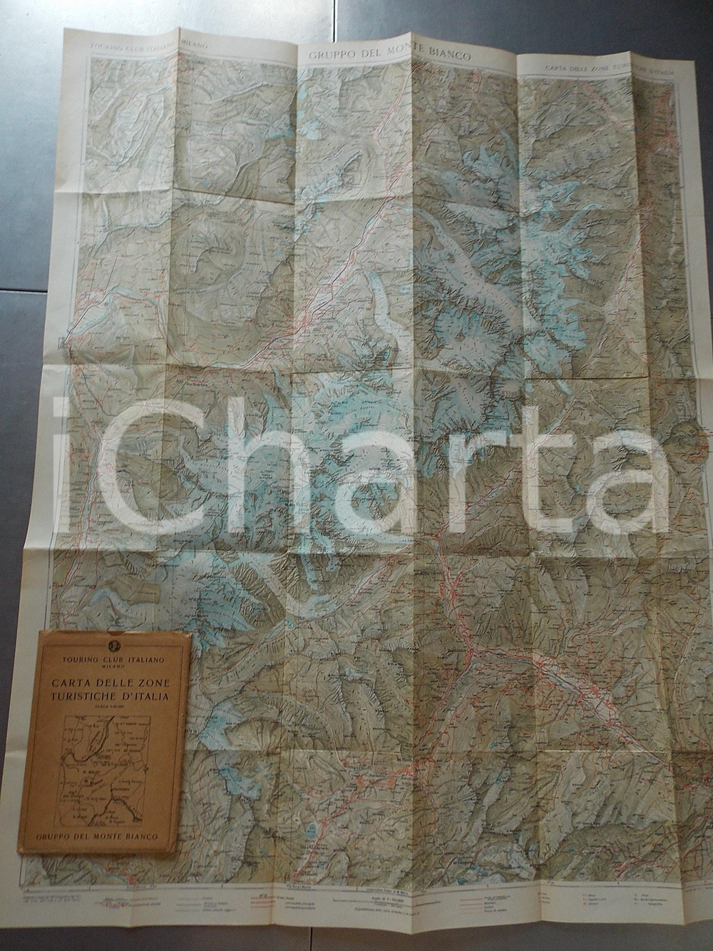 Mappa, planimetria storica 1930 ca TCI Carta zone turistiche Italia  Gruppo del MONTE BIANCO Mappa 70x100 1