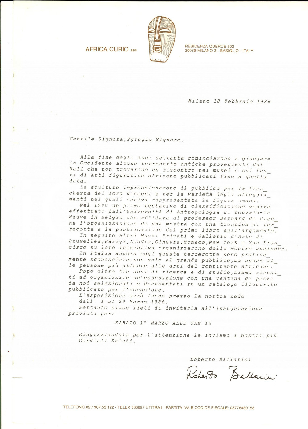 Manoscritto, lettera originale 1986 MILANO AFRICA CURIO Invito per inaugurazione mostra di arte africana 1