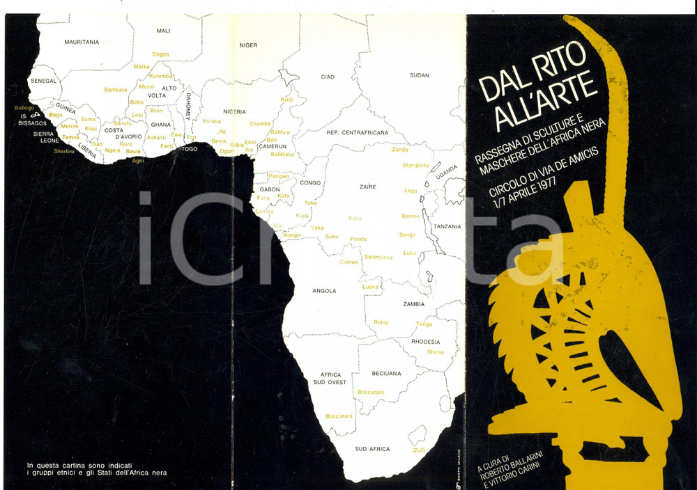 Materiale pubblicitario d’epoca 1977 MILANO Circolo DE AMICIS Mostra DAL RITO ALL ARTE Dépliant ARTE AFRICANA 1
