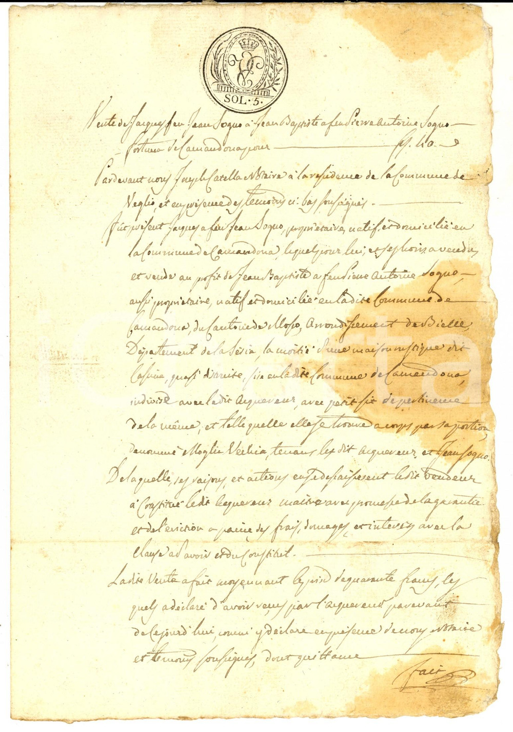 Documento originale, autentico 1814 CAMANDONA BI Giacomo SOGNO vende a Giovanni Battista SOGNO metÃ  casa 1
