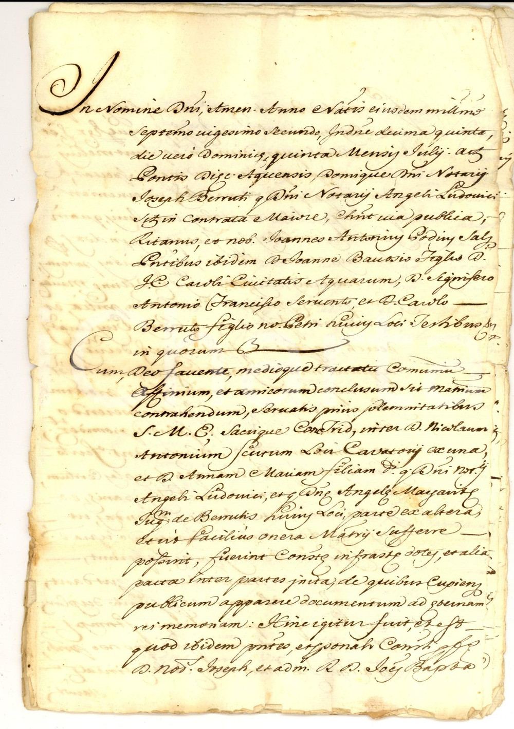 Documento originale, autentico 1722 CAVATORE AL Contratto nozze e dote Nicola SCUTI  Anna Maria BERRUTI 1