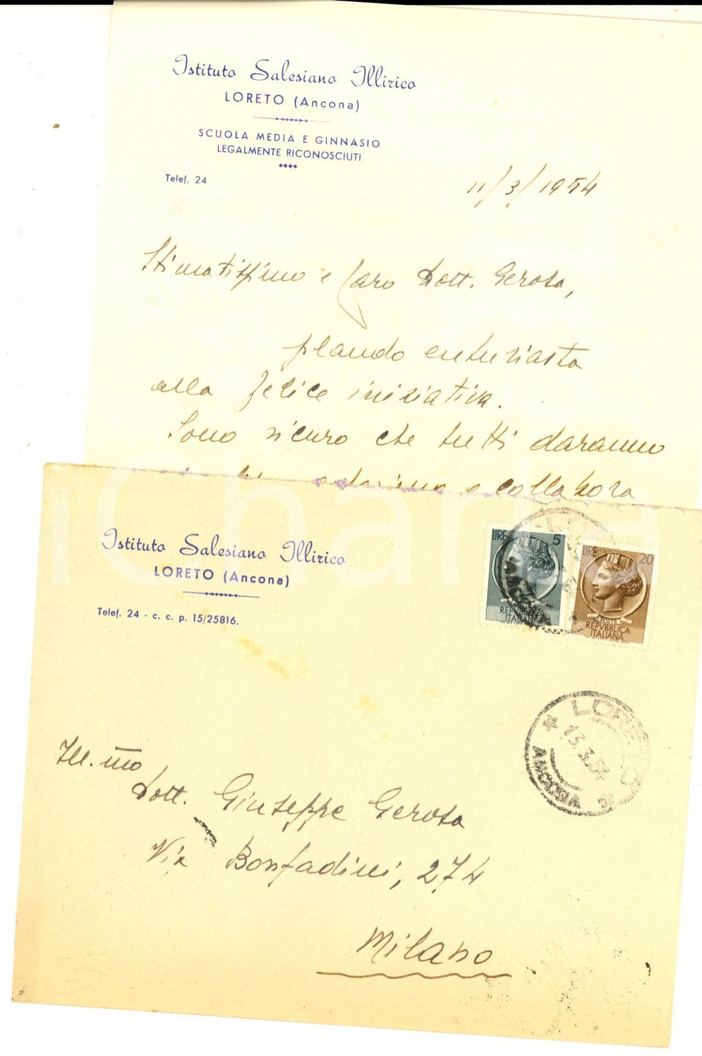 Manoscritto, lettera originale 1954 ANCONA Istituto Salesiano ILLIRICO Lettera don CARNEVALE a Giuseppe GEROSA 1