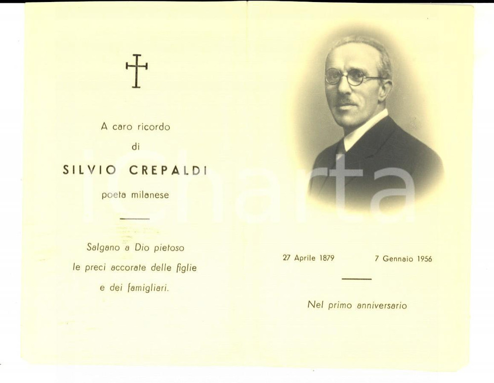 Oggetto da collezione cartaceo 1956 MILANO Ricordo di Silvio CREPALDI poeta milanese Santino 1