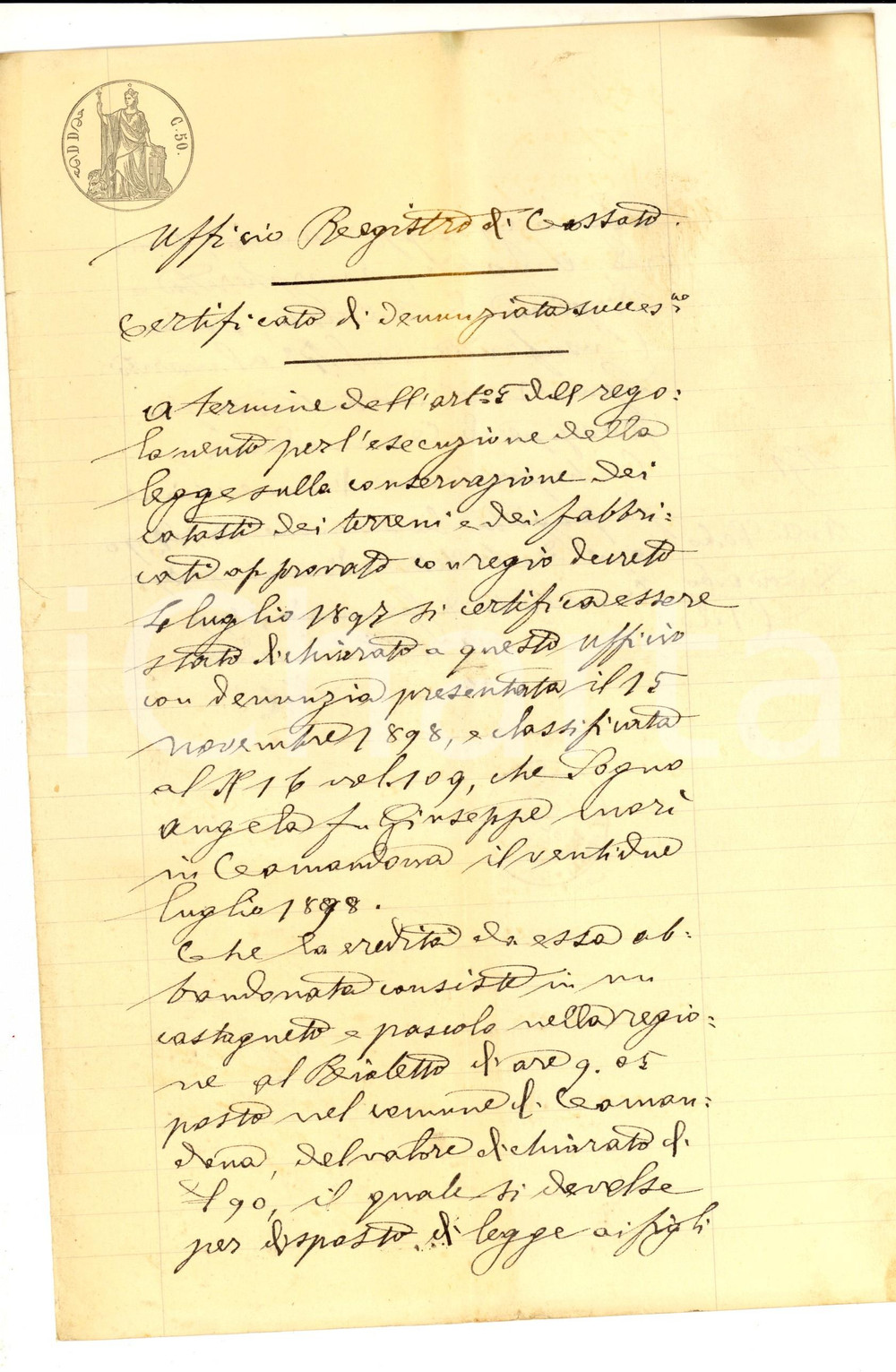 Documento originale, autentico 1899 CAMANDONA BI Certificato di morte e successione per Angela SOGNO 1