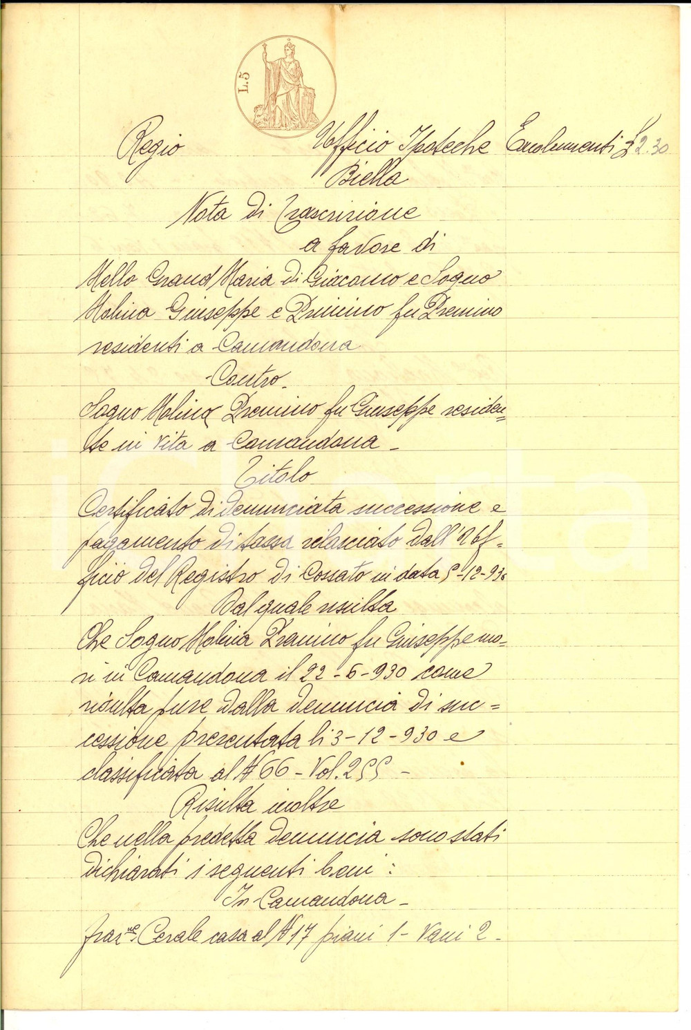 Documento originale, autentico 1930 CAMANDONA Certificato di successione pro Giuseppe e Primino SOGNO MOLINA 1
