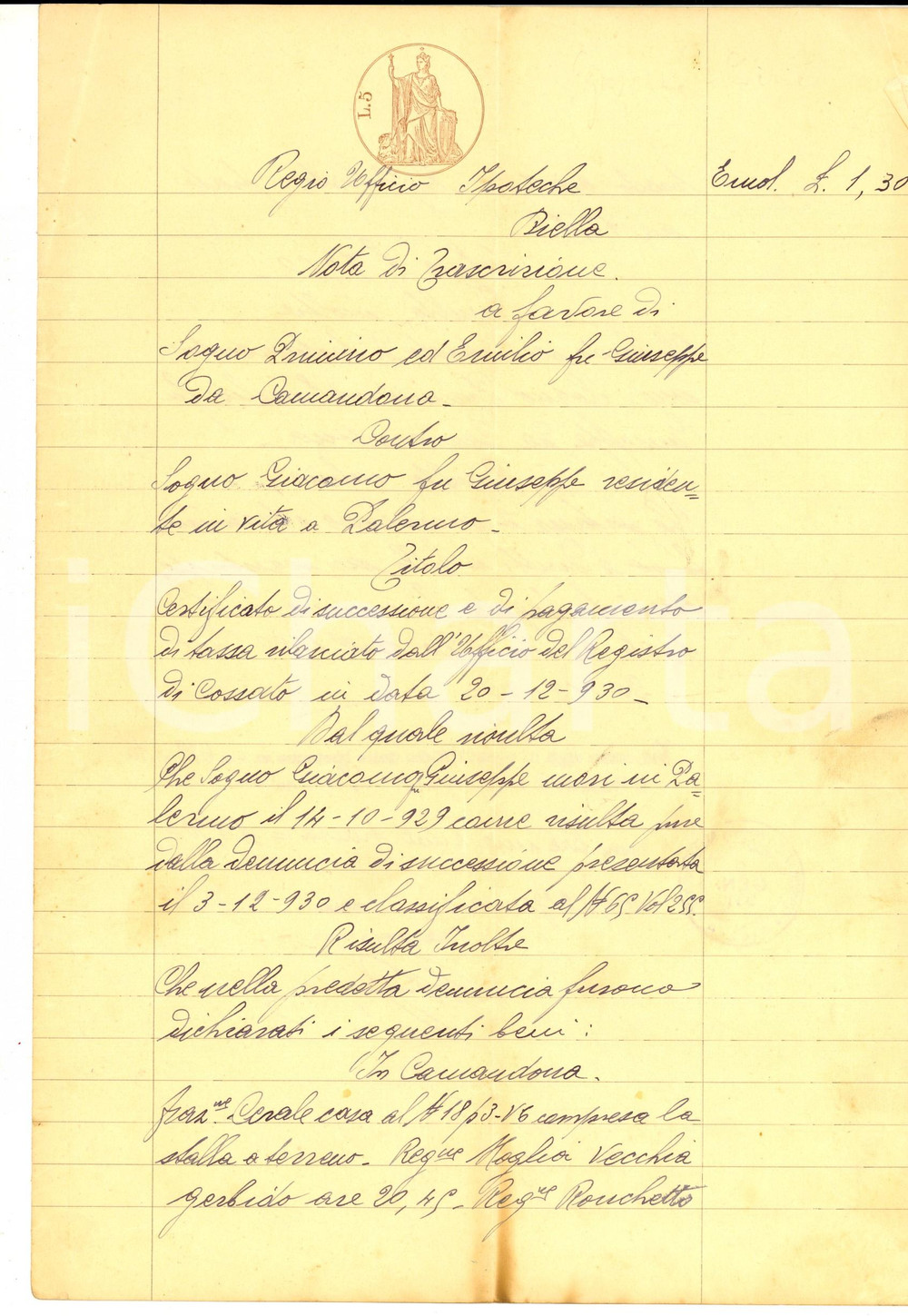 Documento originale, autentico 1930 CAMANDONA BI Certificato di successione pro Emilio e Primino SOGNO 1