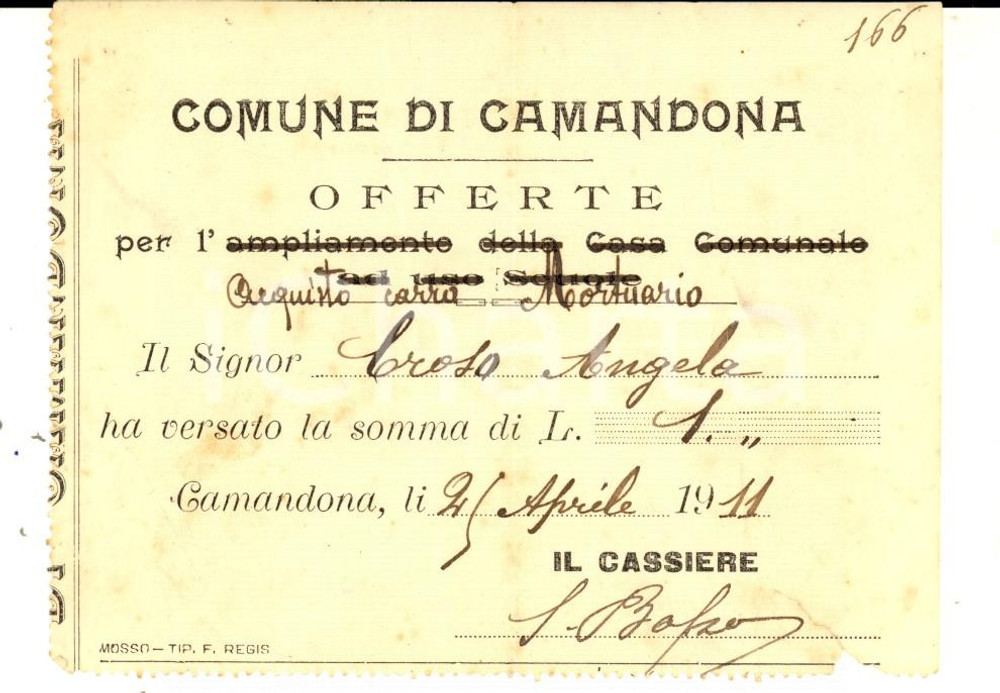Documento originale, autentico 1911 CAMANDONA BI Offerta Angela CROSO per acquisto carro mortuario Ricevuta 1