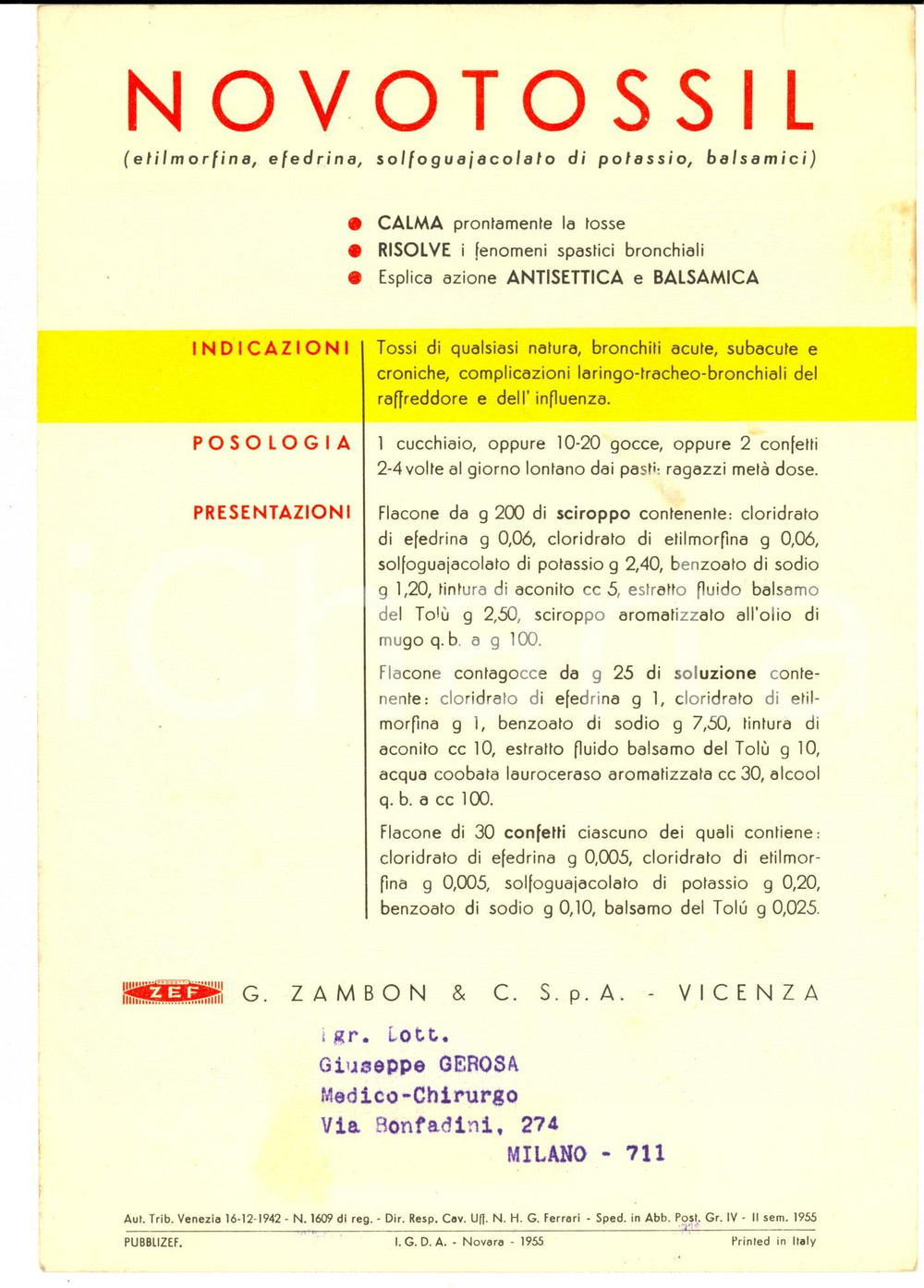 Materiale pubblicitario d’epoca 1955 VICENZA Farmaceutica Zambon NOVOTOSSIL Cartoncino con mappa FRIULI 1