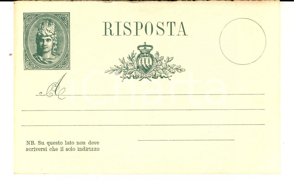 Cartolina originale da collezione 1880 ca STORIA POSTALE SAN MARINO Cartolina postale LIBERTAS verde con risposta 1