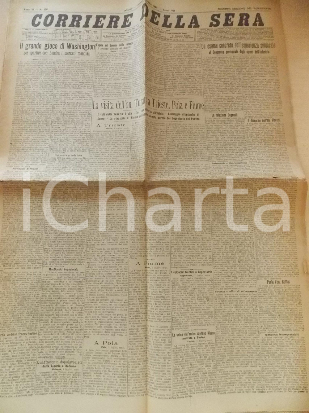 Giornale, rivista storica 1929 CORRIERE DELLA SERA Visita di Augusto TURATI a Trieste, Pola e Fiume 1