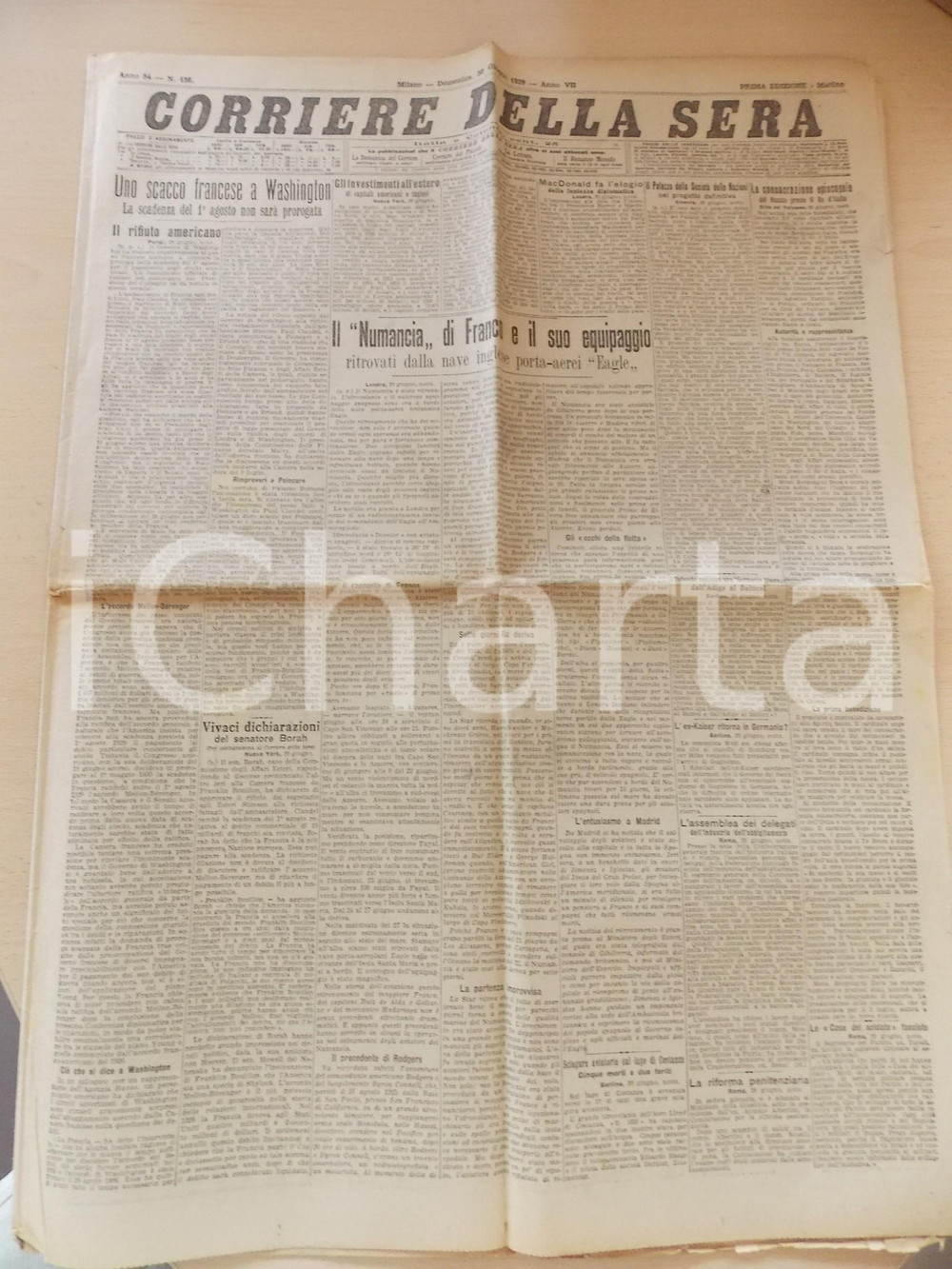 Giornale, rivista storica 1929 CORRIERE DELLA SERA Soccorsi all aviatore Ramon FRANCO e al NUMANCIA 1