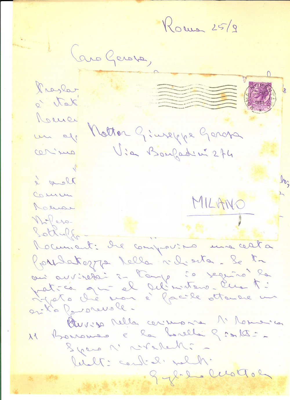 1953 ROMA Cap. Guglielmo MOTTOLA a Giuseppe GEROSA su raccomandato *Lettera