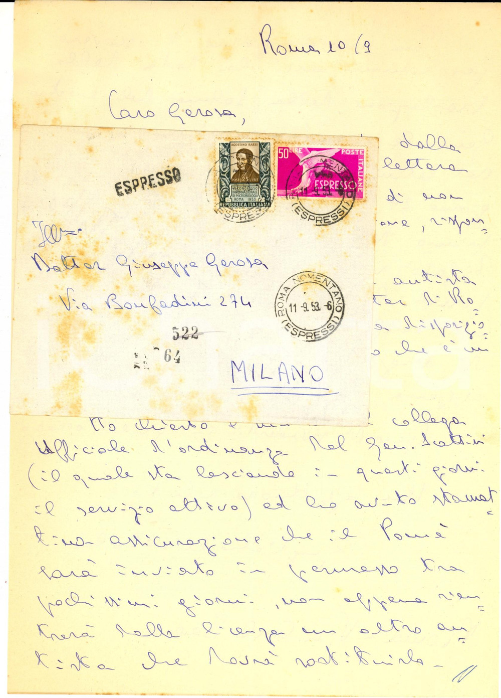 Manoscritto, lettera originale 1953 ROMA Guglielmo MOTTOLA sul permesso a un militare 25 Lire Agostino BASSI 1