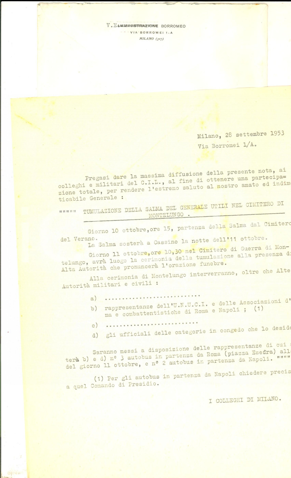 Manoscritto, lettera originale 1953 MILANO Tumulazione gen. Umberto UTILI nel cimitero di Montelungo Circolare 1