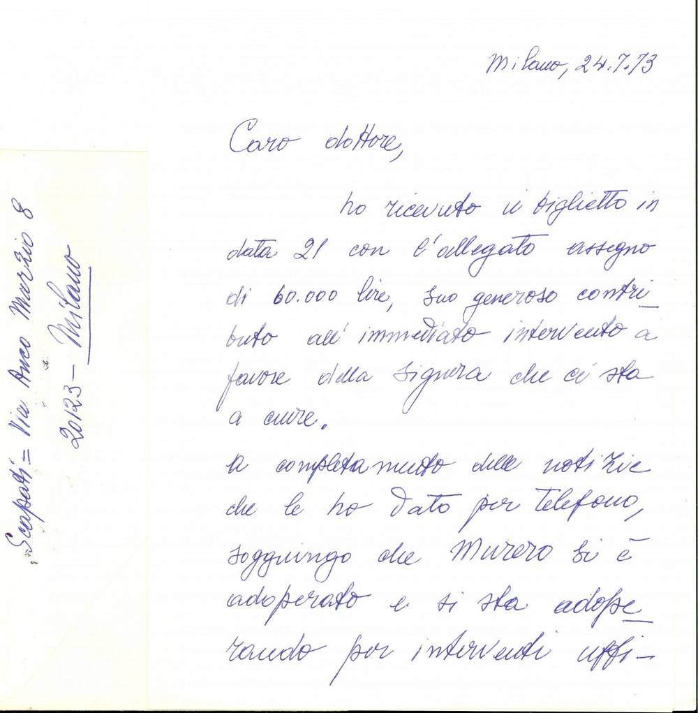 Manoscritto, lettera originale 1973 MILANO Gen.  Domenico SCAPATI a Giuseppe GEROSA su assistenza a una donna 1