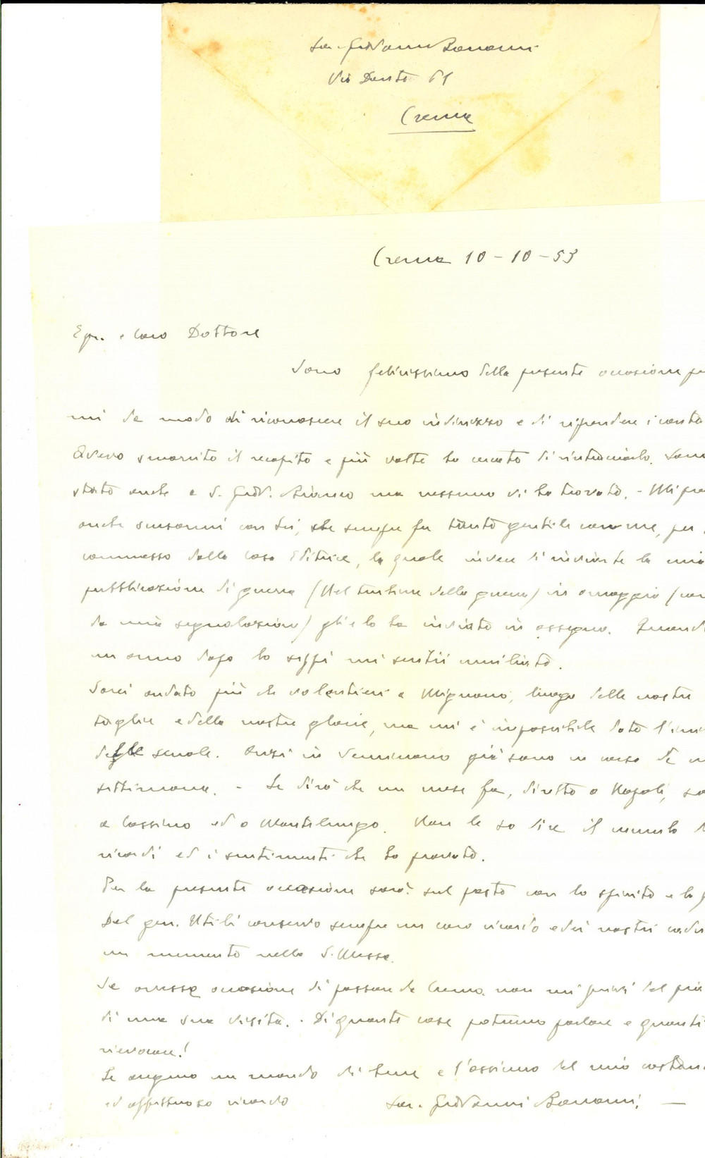 Manoscritto, lettera originale 1953 CREMA Don Giovanni BONOMI su invio pubblicazioni di guerra Autografo 1