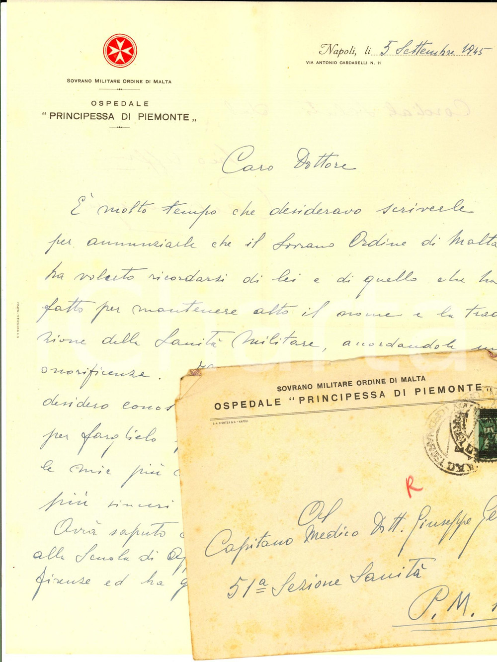 Autografo originale 1945 NAPOLI Ospedale PRINCIPESSA DI PIEMONTE Lettera ten. col. Carlo MARESCA 1
