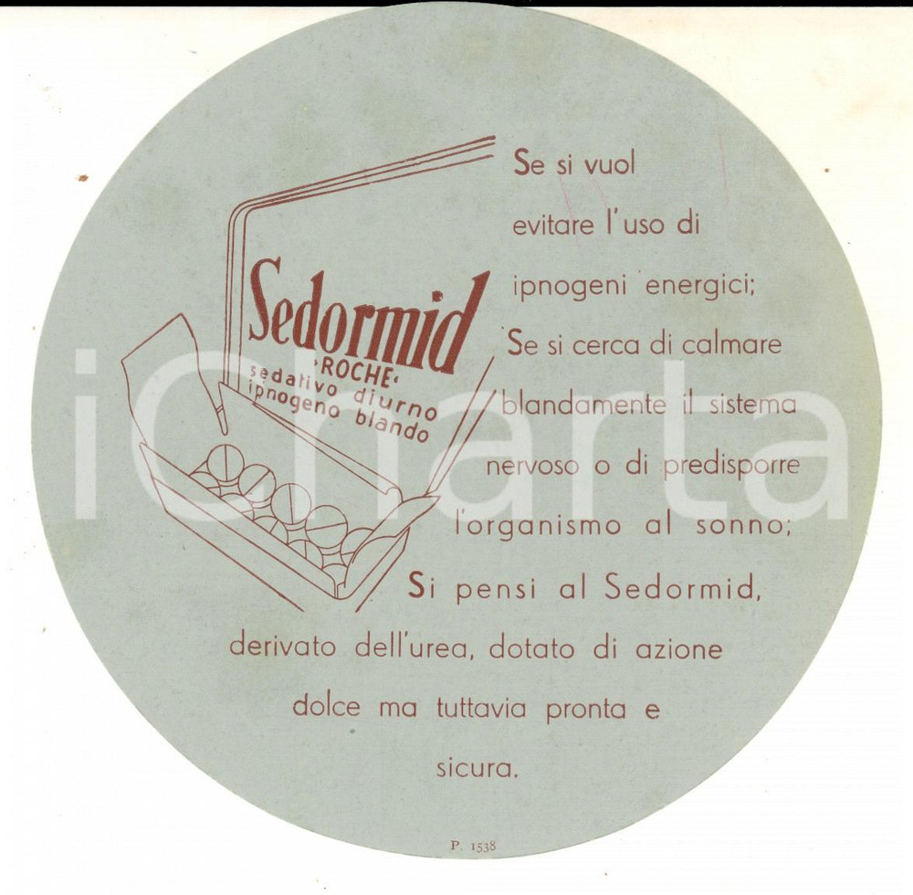 Materiale pubblicitario d’epoca 1950 ca FARMACEUTICA ROCHE Sedativo SEDORMID Volantino pubblicitario 1