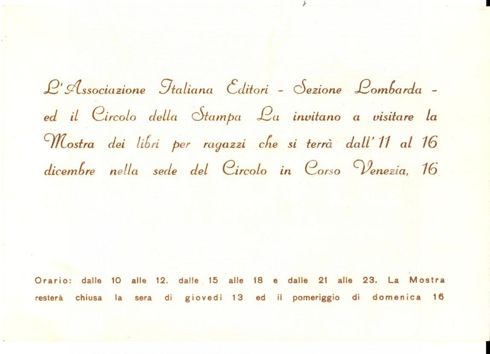 Oggetto da collezione cartaceo 1950 ca MILANO ASSOCIAZIONE ITALIANA EDITORI Mostra libri per ragazzi Invito 1