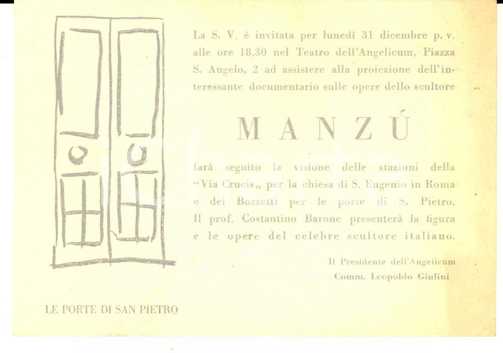 Oggetto da collezione cartaceo 1950 ca MILANO Teatro dell ANGELICUM Invito per documentario Giacomo MANZU  2 1