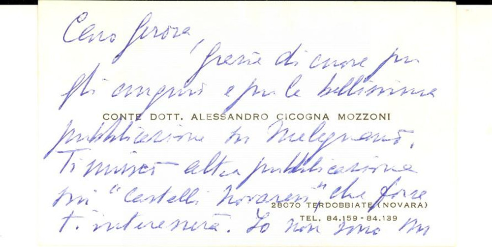 Autografo originale 1970 ca TERDOBBIATE Biglietto conte Alessandro CICOGNA MOZZONI AUTOGRAFO 1