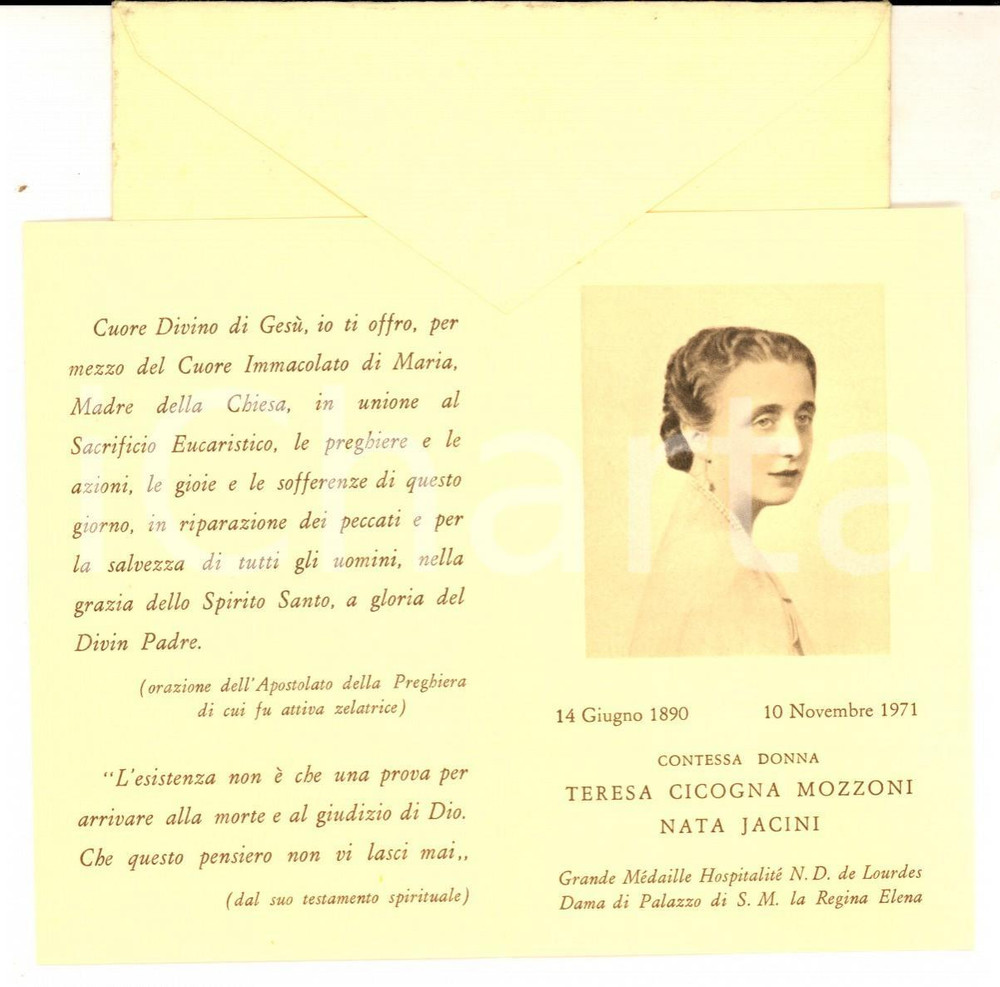 Oggetto da collezione cartaceo 1972 MILANO Santino contessa Teresa CICOGNA MOZZONI nata JACINI 1