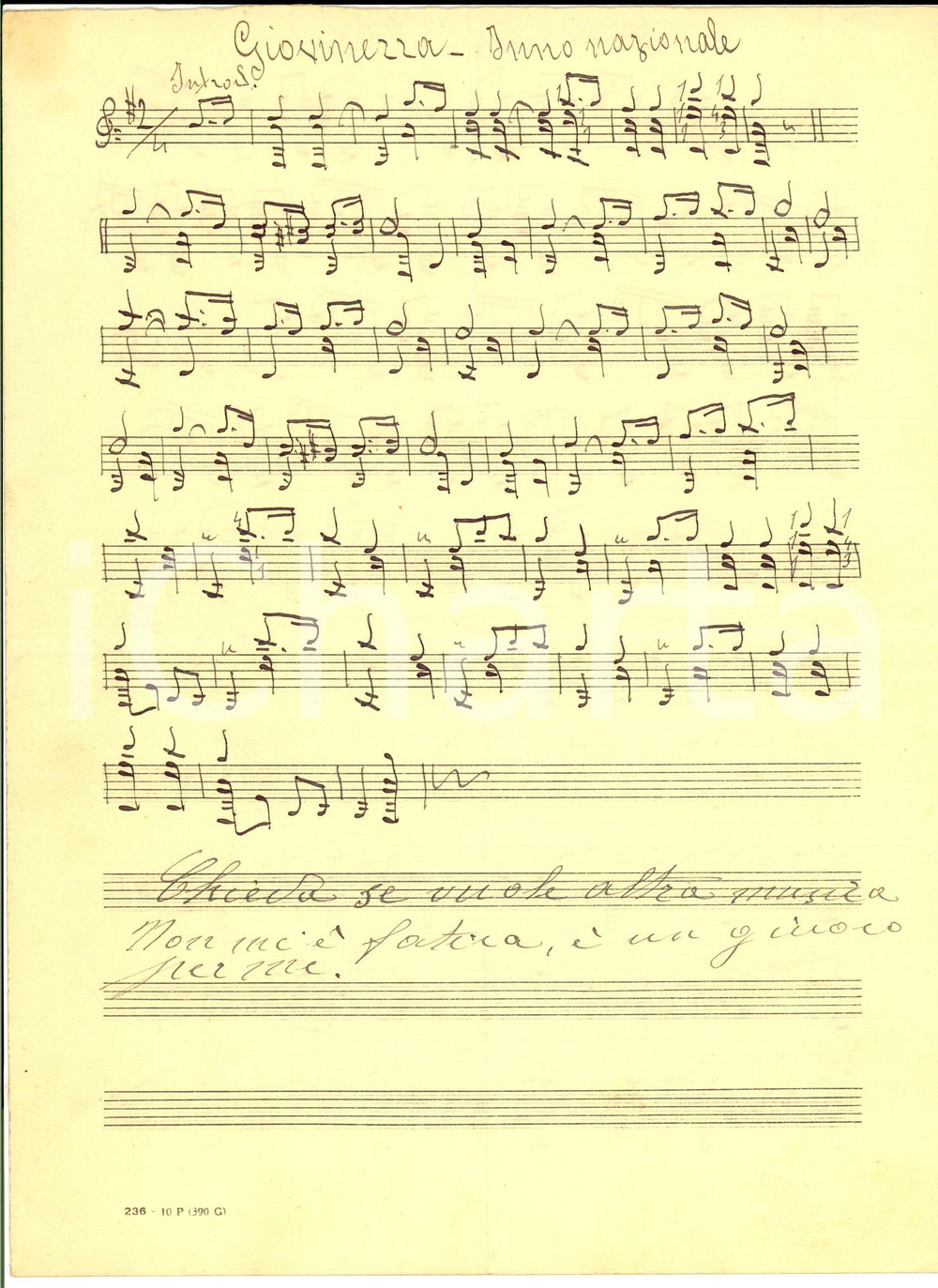 Oggetto da collezione cartaceo 1940 ca Inno GIOVINEZZA  Polka CATERINA  Mazurka Spartito manoscritto COPIA 1