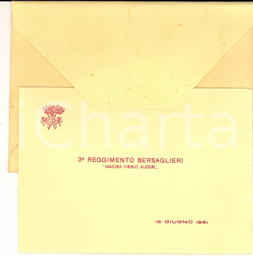 Manoscritto, lettera originale 1951 MILANO 3° Reggimento BERSAGLIERI Invito 115° Annuale fondazione del Corpo 1