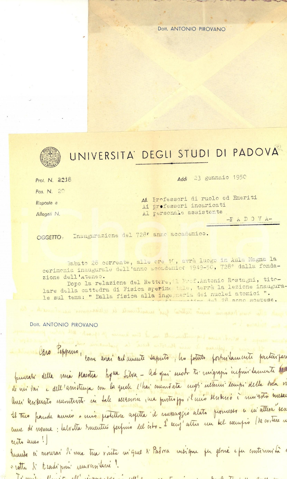 Manoscritto, lettera originale 1950 CASTELFRANCO VENETO Antonio PIROVANO invita a inaugurazione anno accademico 1