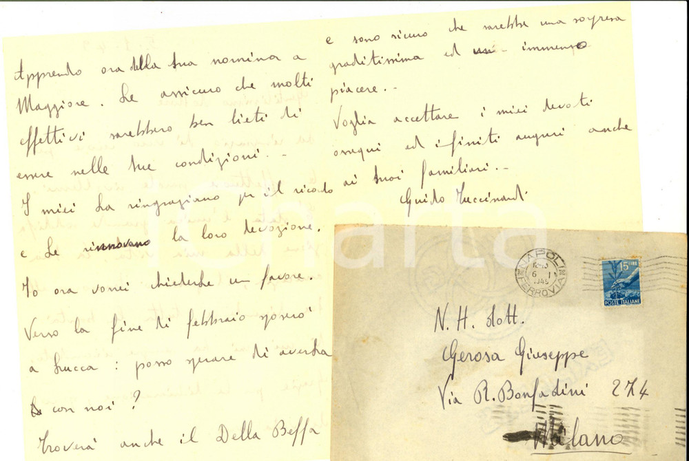 Manoscritto, lettera originale 1949 NAPOLI Guido TUCCINARDI riconoscente verso Giuseppe GEROSA Lettera 1