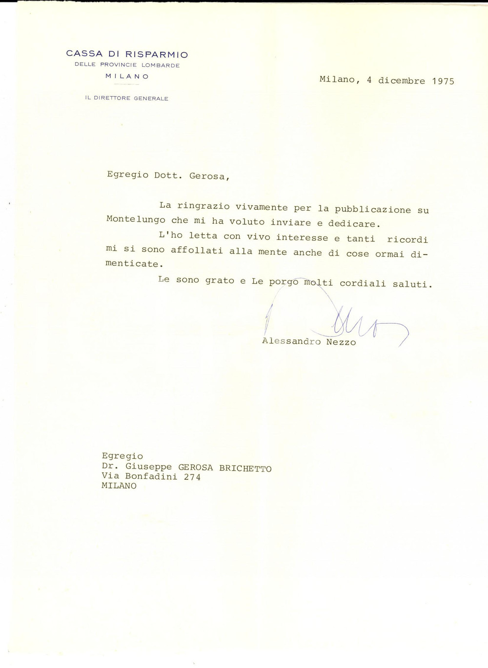 Autografo originale 1975 MILANO Cassa di Risparmio Provincie Lombarde  Lettera Alessandro NEZZO 1