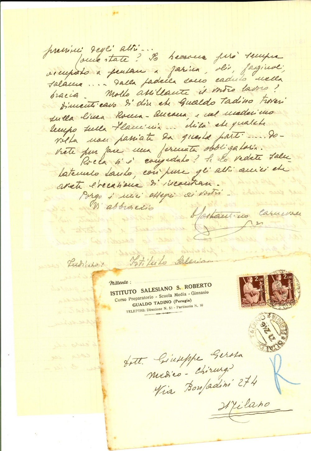 Manoscritto, lettera originale 1946 GUALDO TADINO Lettera don Costantino CARNEVALE economo Istituto Salesiano 1