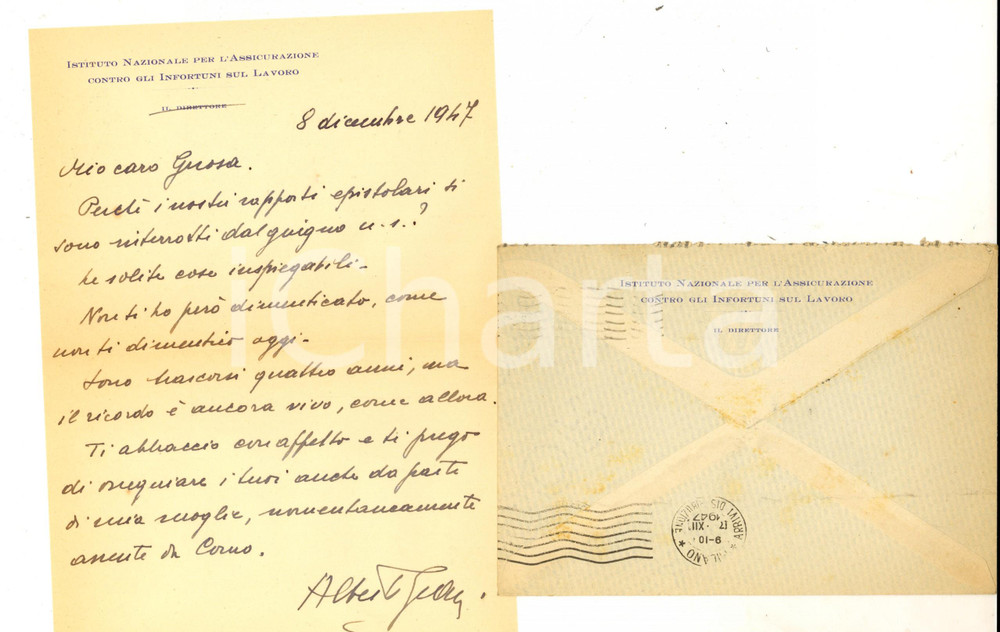 Manoscritto, lettera originale 1947 MILANO INAIL Lettera Alberto GRASSI all amico Giuseppe GEROSA 1