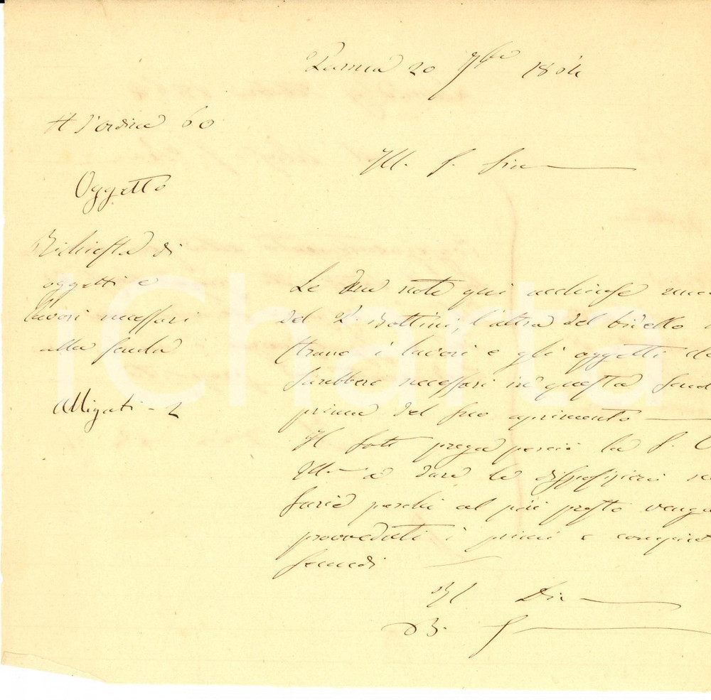Autografo originale 1863 Scuola Tecnica PARMA Giuseppe BARILLI sui lavori necessari AUTOGRAFO 1