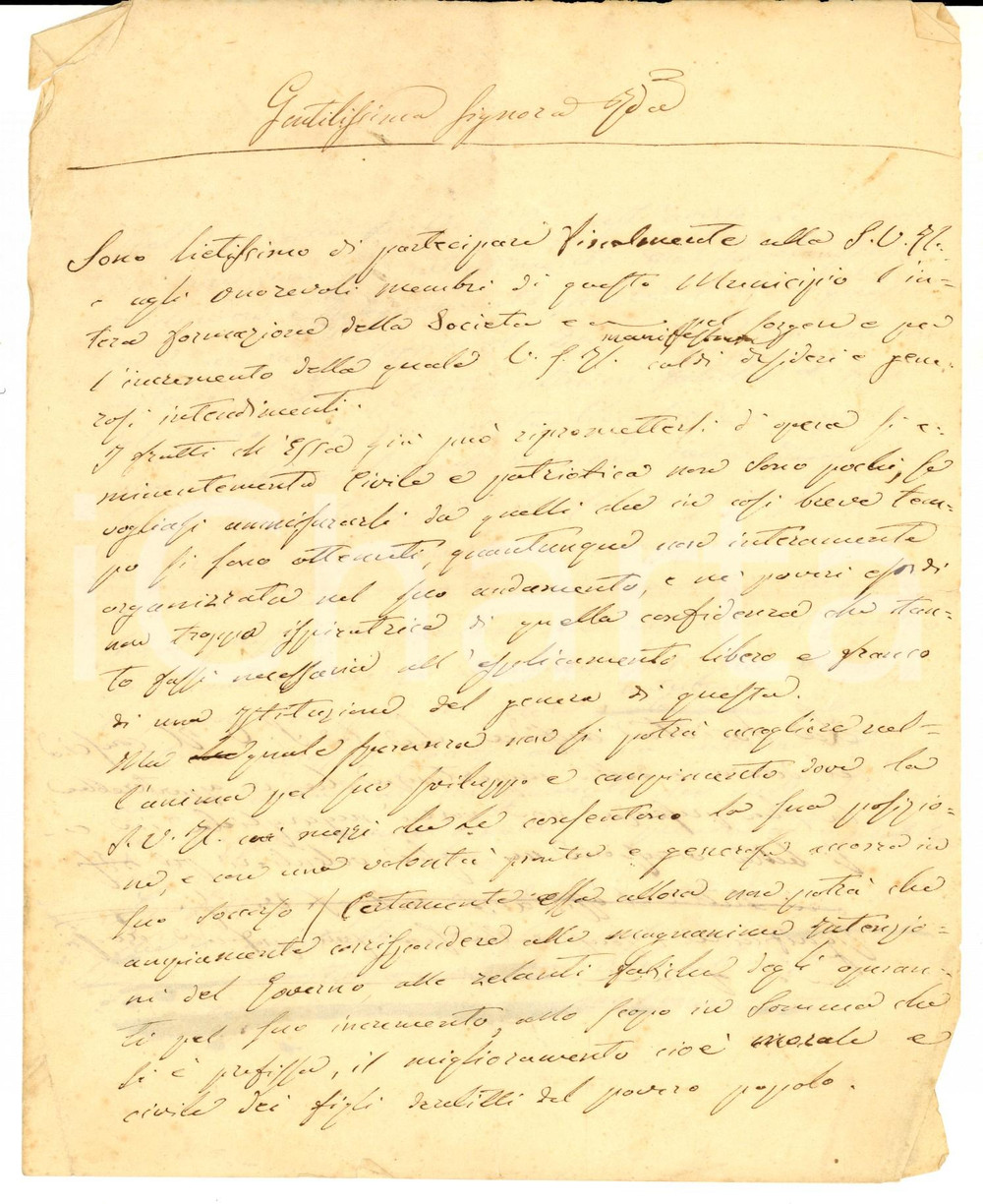 Autografo originale 1863 PARMA Giuseppe BARILLI su nuova societÃ  civile e patriottica AUTOGRAFO 1