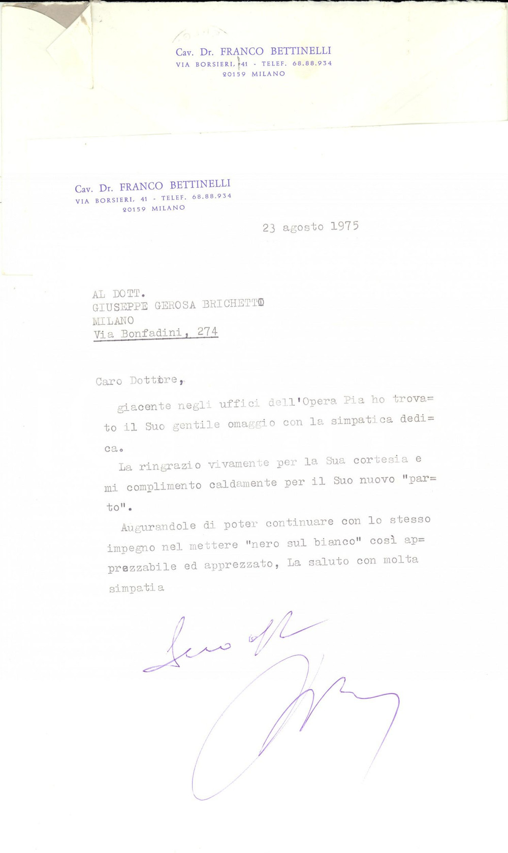 Manoscritto, lettera originale 1975 MILANO Cav. Franco BETTINELLI ringrazia per omaggio Autografo 1