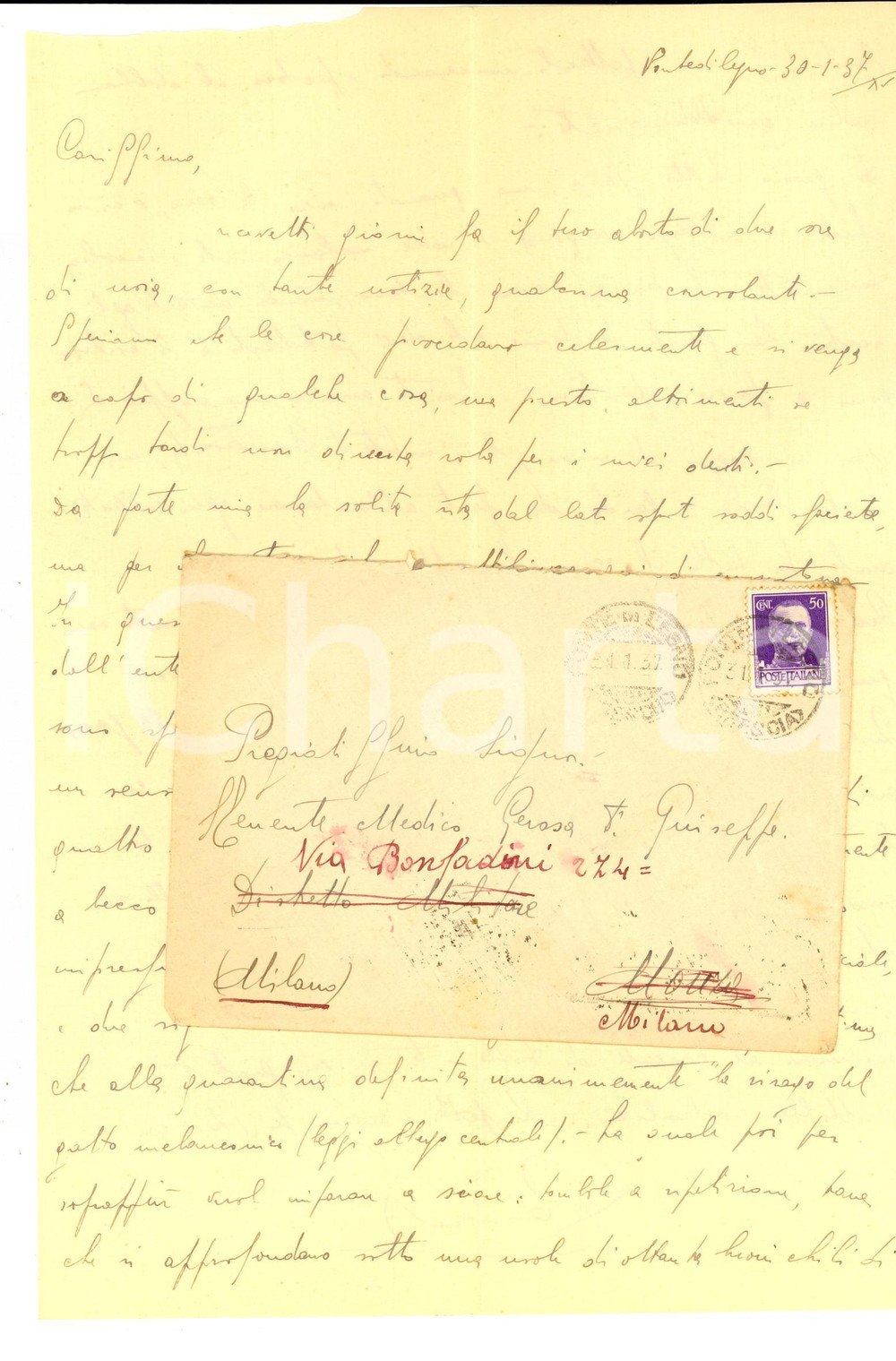 Manoscritto, lettera originale 1937 PONTEDILEGNO Raimondo BARIATTI annoiato dalla vita locale Autografo 1