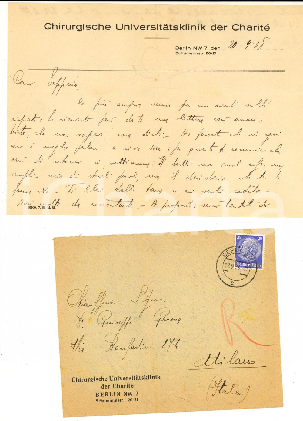 Manoscritto, lettera originale 1938 BERLIN Chirurgische Universitatsklinik CharitÃ© Lettera Raimondo BARIATTI 1
