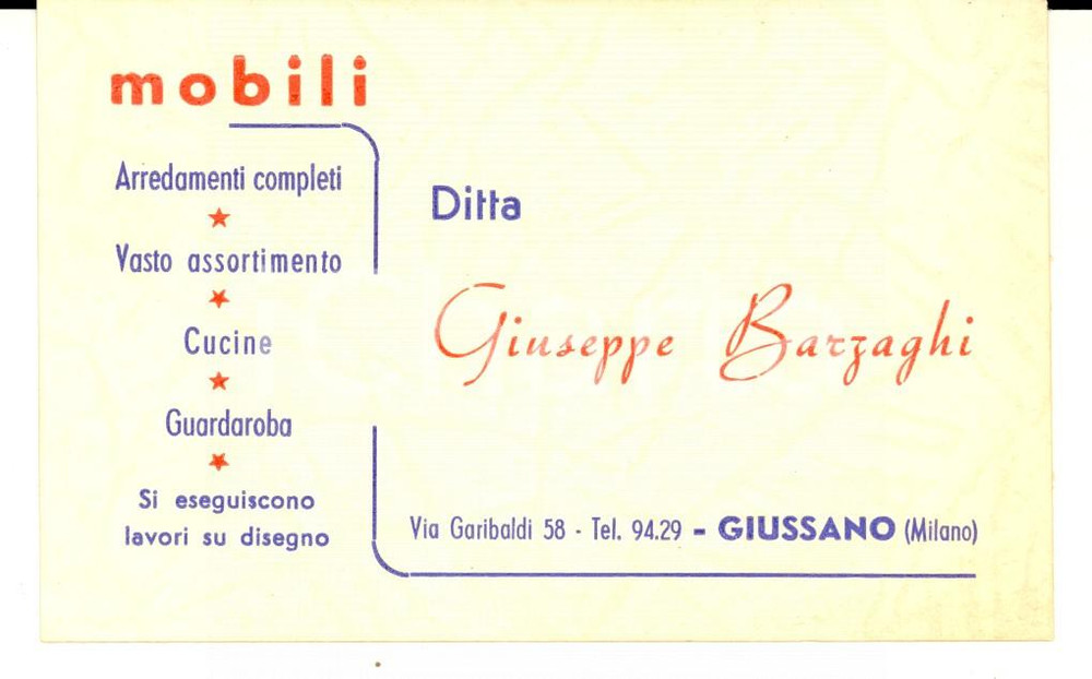 Cartolina originale da collezione 1950 ca GIUSSANO MI Fabbrica mobili Giuseppe BARZAGHI Biglietto pubblicitario 1