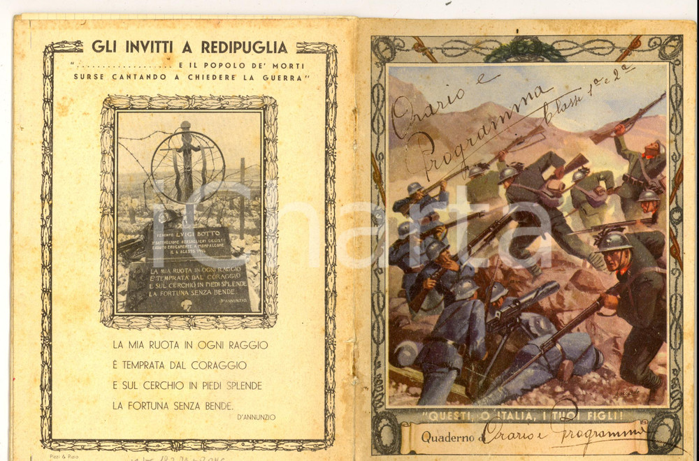 Oggetto da collezione cartaceo 1940 ca Quaderno con copertina INVITTI A REDIPUGLIA Illustrato BOCCASILE 1