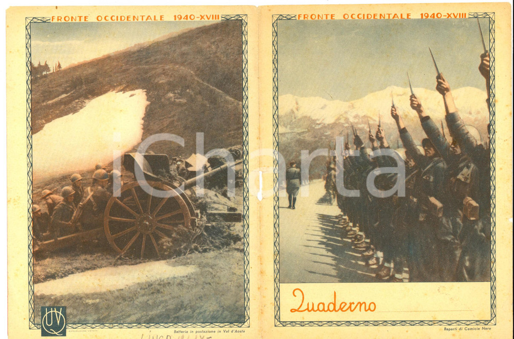 Oggetto da collezione cartaceo 1940 WW2 Quaderno con copertina FRONTE OCCIDENTALE Camicie nere  Val d Aosta 1