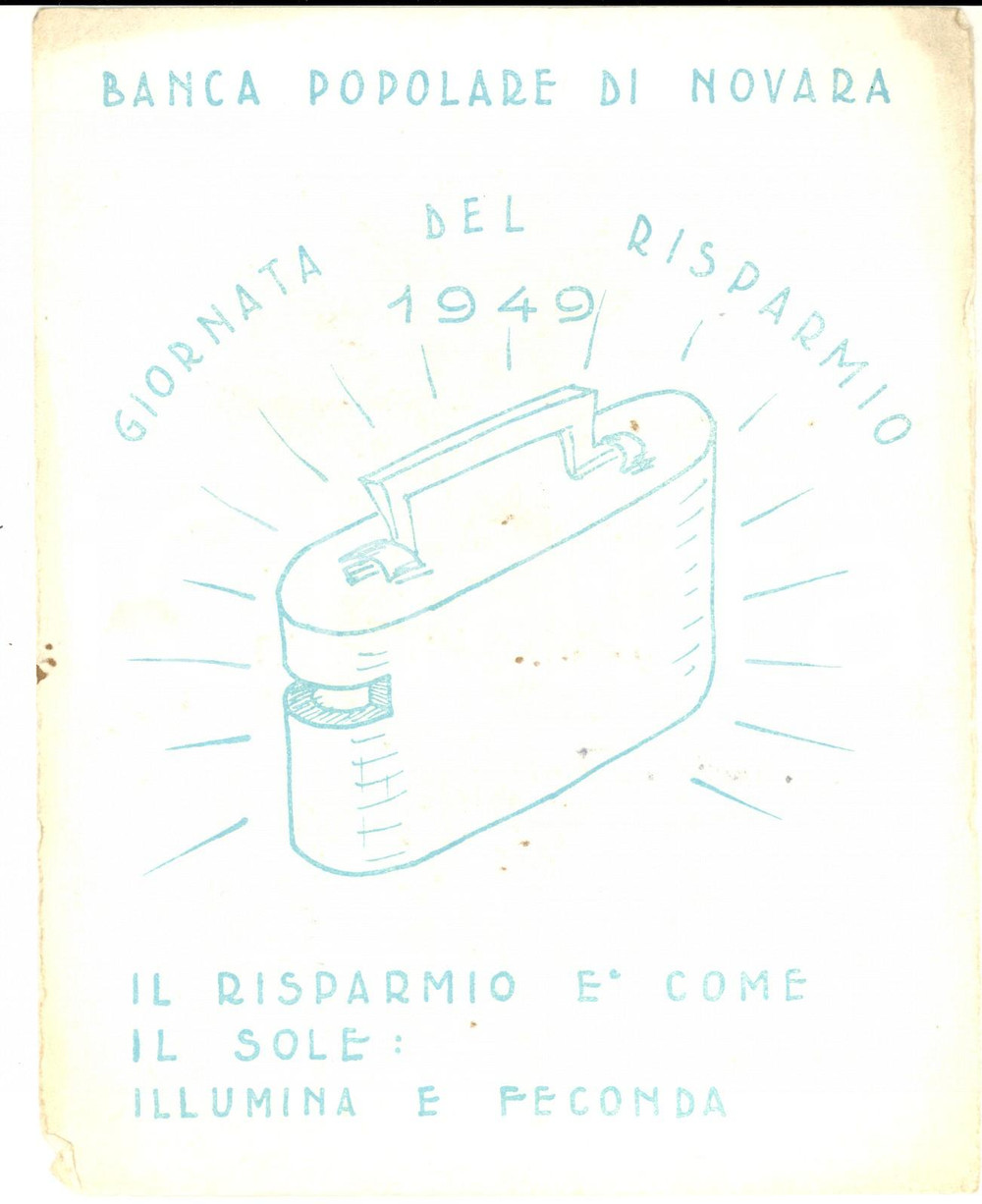 Materiale pubblicitario d’epoca 1949 Banca Popolare di NOVARA  Giornata del Risparmio Cartoncino 16x20 1